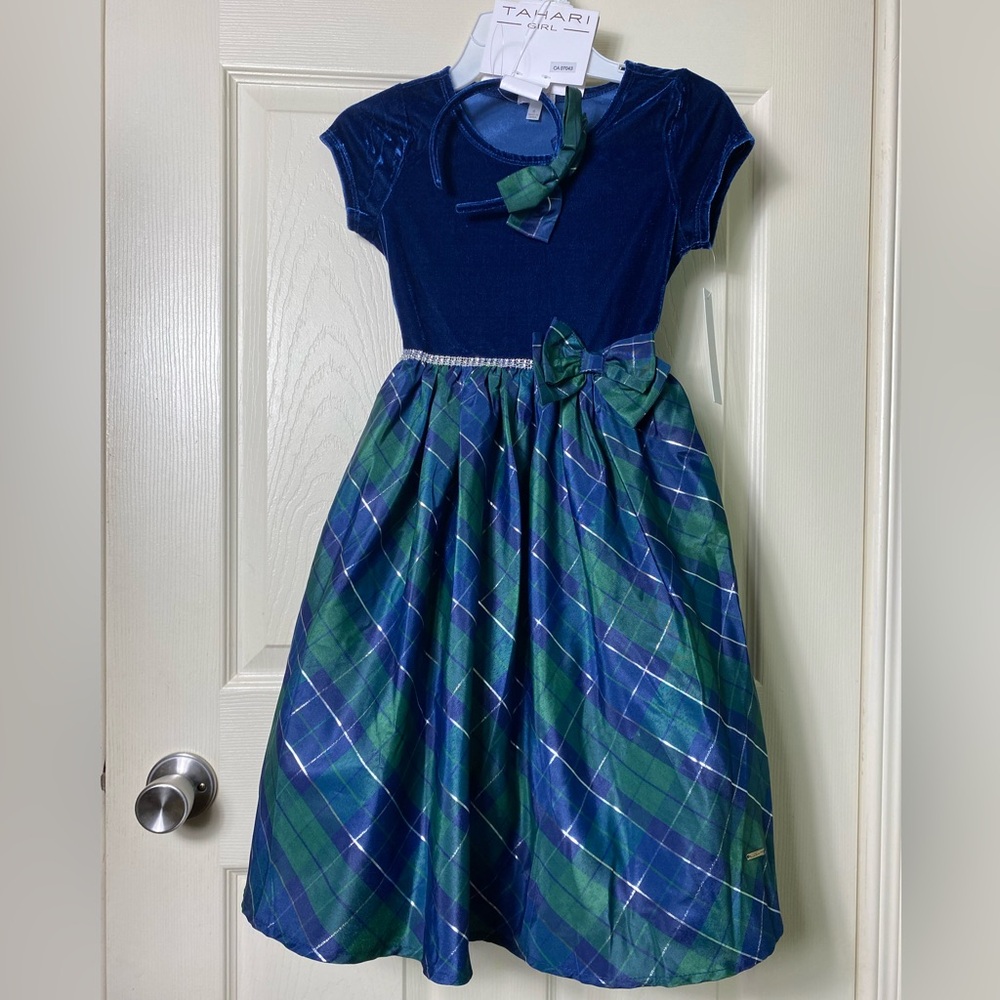 Tahari | NWT Girl’s Blue Green Plaid Velvet Dress & Matching Headband - 8